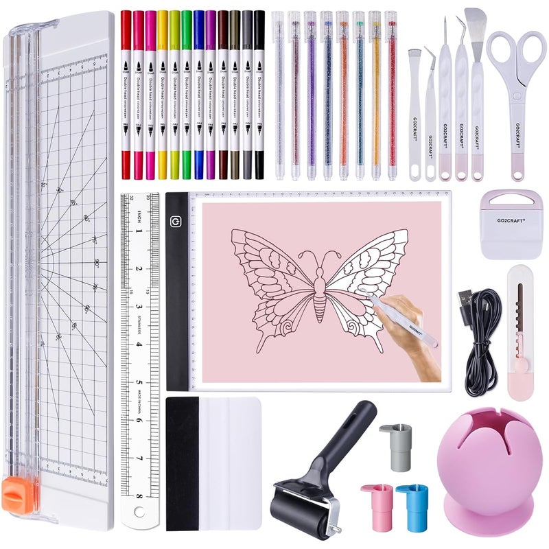 GO2CRAFT 37Pcs Essential Tool Set, Ultimate Tool with 7Pcs Weeding Tools for Vinyl, LED Light Pad, 12'' Paper Cutter, Vinyl Scrap Collector, Crafting Starter Kit - Image 1